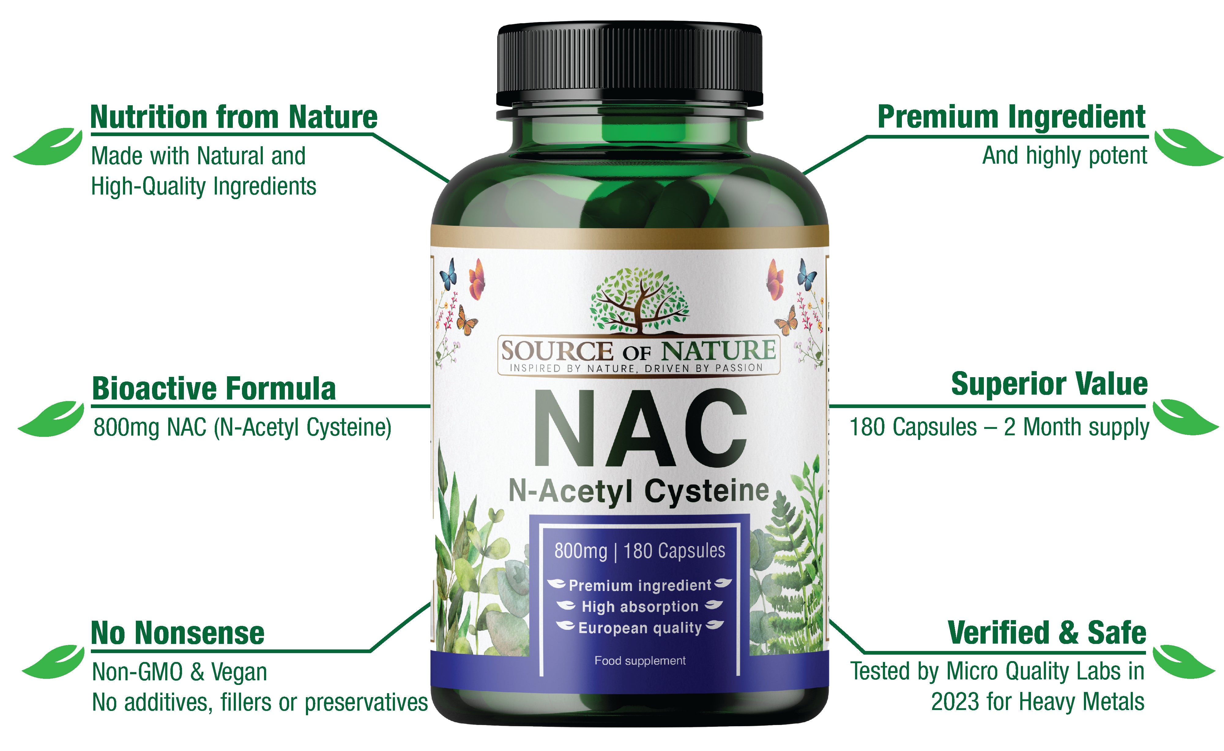 NAC (N-Acetyl Cysteine) 800mg | 180 Capsules | 2-Month Supply - Source of Nature